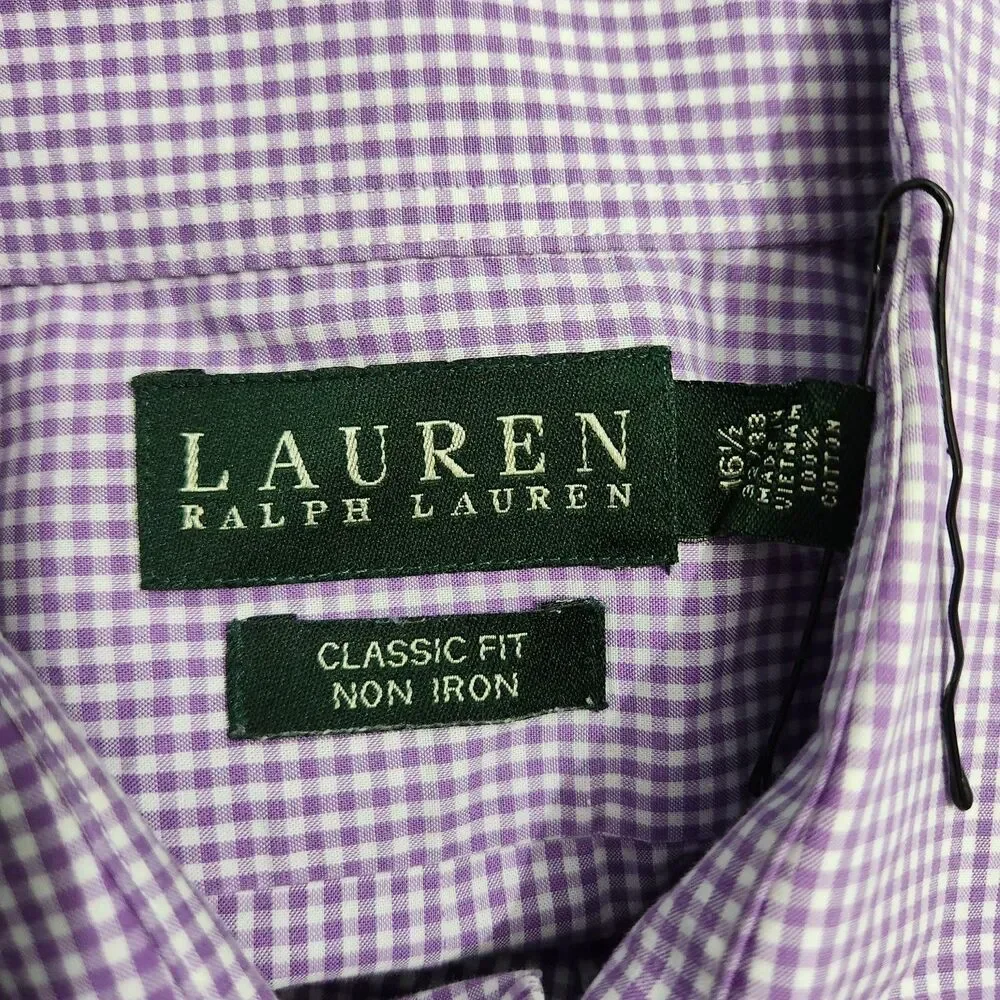 Lauren Ralph Lauren Shirt Men 16.5 Purple Check Classic Fit Non Iron Button Down